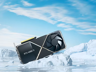 RTX 4090 Ti Graphics Card With Single Fan Floating Over Iceberg Under Blue Sky 3d model