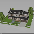 Two Story House with Black Roof Beige Exterior Green Lawn Trees Driveway and Garage