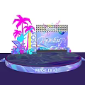 Vibrant Stage with Neon Lights Large Screen Palm Tree Decorations and Music Elements 3d model