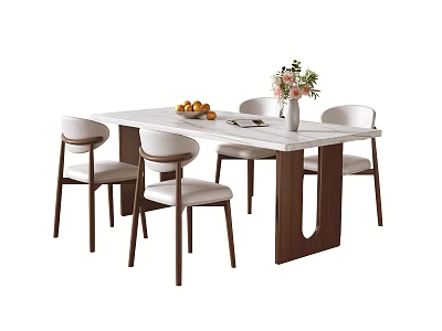 Modern Dining Table Set With White Top Wooden Legs Chairs Fresh Flowers And Oranges Decoration 3d model