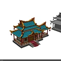Cartoon Scene Of Chinese Traditional Architecture With Blue Roof Golden Eaves And Red Lanterns