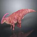 Pink Striped Parasaurolophus Dinosaur 3D Model With Textured Skin Standing On Dark Background