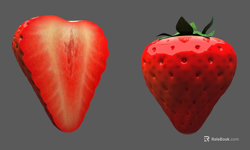 Fresh Red Strawberry Whole Fruit And Sliced Half With Juicy Texture 3d model 