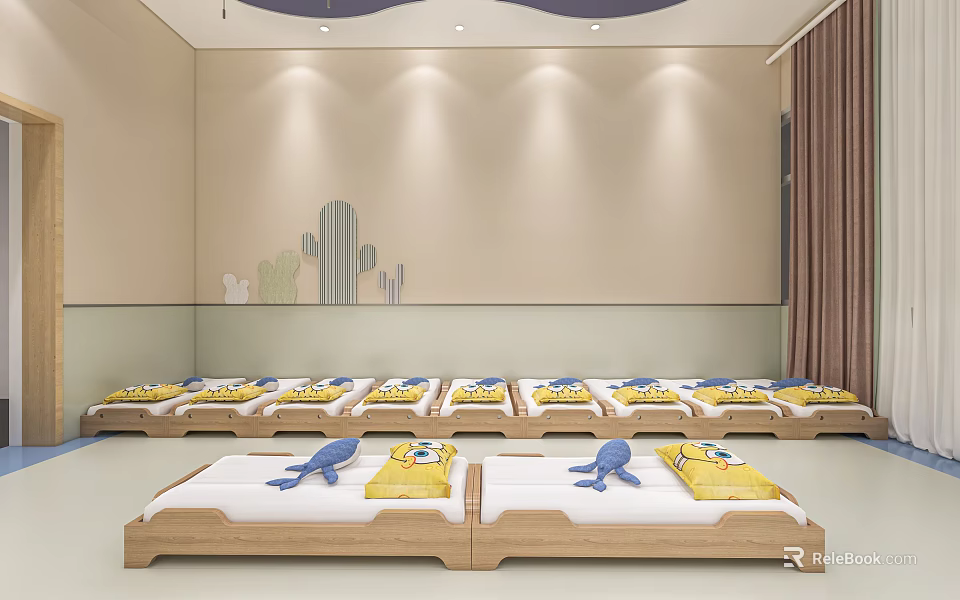 Cheerful School Rest Room With Wooden Beds Cartoon Cactus Decor And Colorful Pillows 3d model 