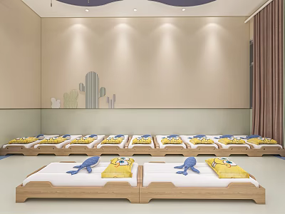 Cheerful School Rest Room With Wooden Beds Cartoon Cactus Decor And Colorful Pillows 3d model