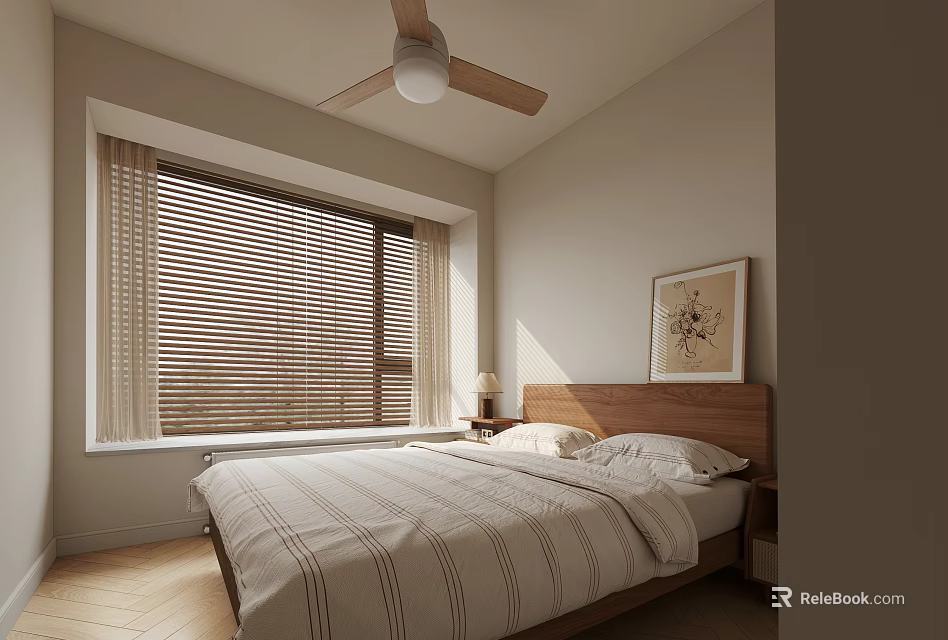 Minimalist Modern Bedroom Interior With Wooden Bed Window Blinds Ceiling Fan Nightstand And Framed Artwork 3d model 