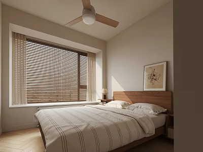 Minimalist Modern Bedroom Interior With Wooden Bed Window Blinds Ceiling Fan Nightstand And Framed Artwork 3d model