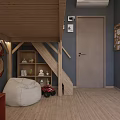 Kids Room Design With Bunk Bed Staircase Bookshelves Desk And Bean Bag Chair