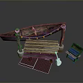 Rustic Outdoor Leisure Setup With Wooden Canoe Table Bench Rug Guitar And Trunk