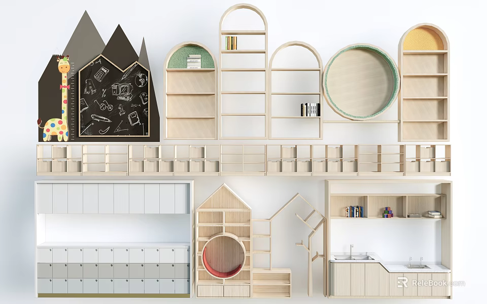 Creative Wooden Children's Bookshelf With House Shaped Arched Shelves For Kids Room Decor 3d model 