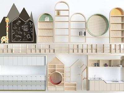 Creative Wooden Children's Bookshelf With House Shaped Arched Shelves For Kids Room Decor 3d model