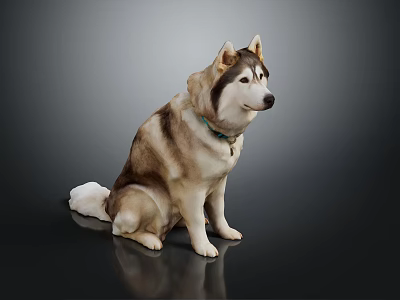 Siberian Husky Sitting With Brown White Fur Wearing Green Collar On Dark Reflective Background 3d model