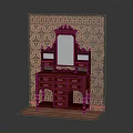 Vintage Red Wooden Dresser With Mirror Multiple Drawers And Patterned Wallpaper Background