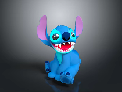 Blue Stitch Stuffed Toy With Purple Ears Big Eyes And Sharp Teeth 3d model