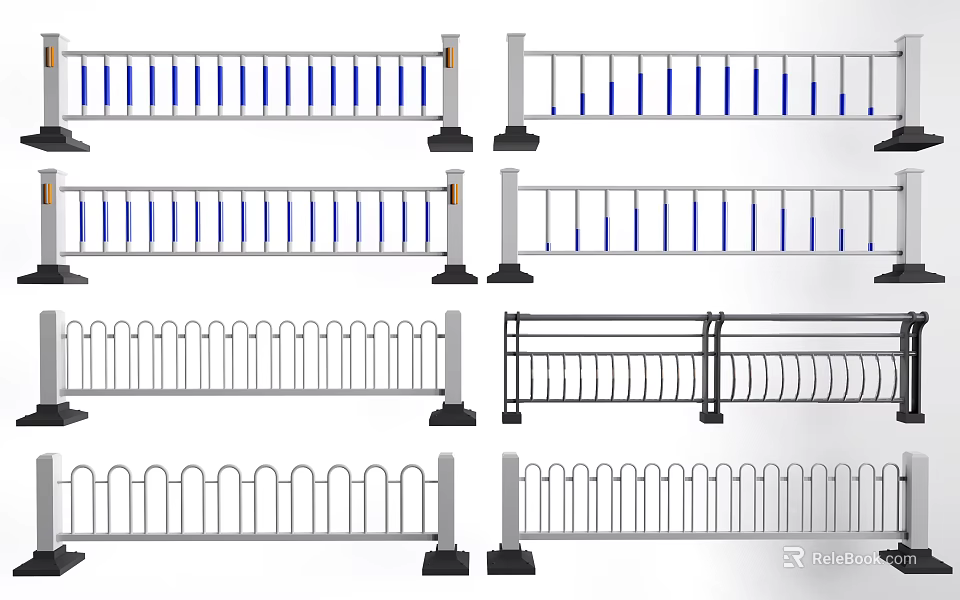 Various Types of Fences with Blue Stripes Curved Rails and Black Metal Designs 3d model 