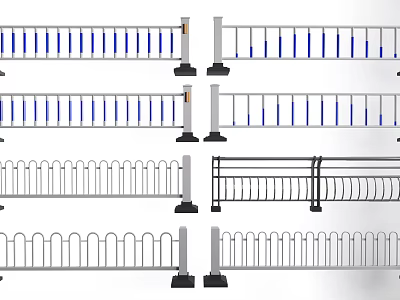 Various Types of Fences with Blue Stripes Curved Rails and Black Metal Designs 3d model