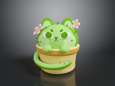 Game Movie Character Green Cactus Cat With Pink Ear Flowers In Yellow Pot Long Tail 3d model