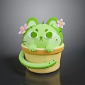 Game Movie Character Green Cactus Cat With Pink Ear Flowers In Yellow Pot Long Tail