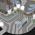 Scenic Commercial Landscape With Red Brick Brand Stores Steps Trees Blue Mascot And Lights