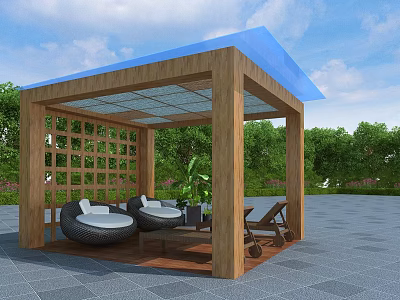 Outdoor Wooden Pergola With Blue Canopy Lattice Screens And Wicker Seats 3d model