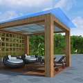 Outdoor Wooden Pergola With Blue Canopy Lattice Screens And Wicker Seats