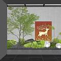 Modern Indoor Landscape With Green Plants Decorative Deer Screen Spherical Ornaments And Grid Wall