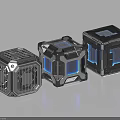 Three Metallic Tech Cases With Grid Patterns And Blue Lighting Accents