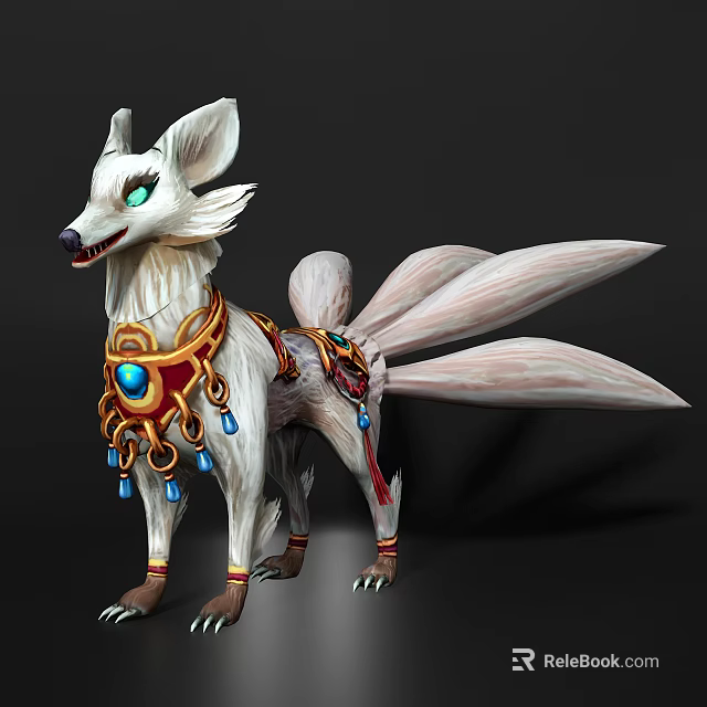 White Nine Tailed Fox Game Movie Character With Golden Ornaments Blue Gemstone And Colorful Decorations 3d model 