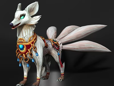 White Nine Tailed Fox Game Movie Character With Golden Ornaments Blue Gemstone And Colorful Decorations 3d model