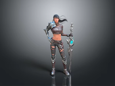Fantasy Woman In Metallic Armor With Black Hair Holding Sword With Blue Gem 3d model