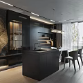Modern Restaurant Interior With Pendant Lights Shelves Decorative Vases And Fruit Bowl On Counter