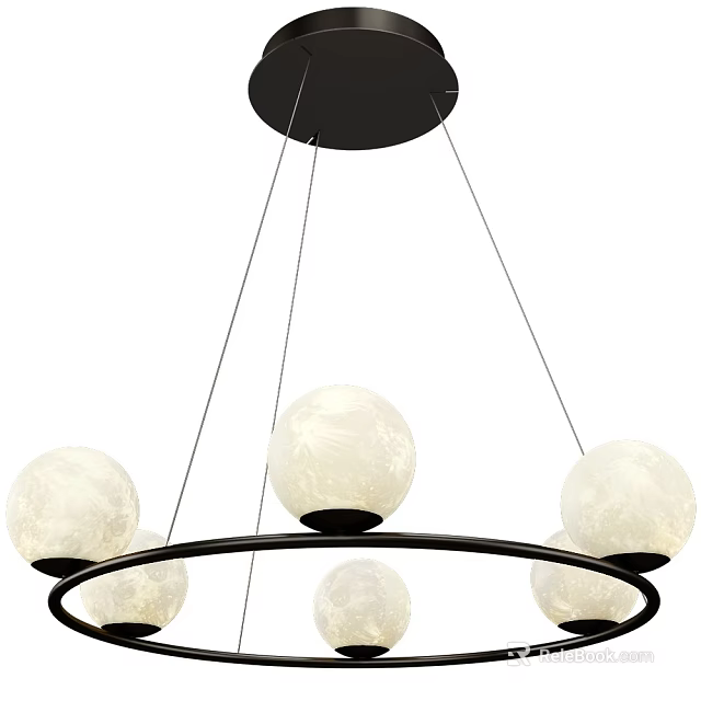 Modern Hanging Chandelier With Multiple Frosted White Spheres And Black Circular Frame 3d model 