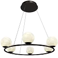 Modern Hanging Chandelier With Multiple Frosted White Spheres And Black Circular Frame