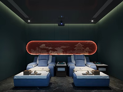 Luxury SPA Sauna Interior With Dark Walls Red Curved Panel Scenic Patterns Blue Massage Chairs 3d model