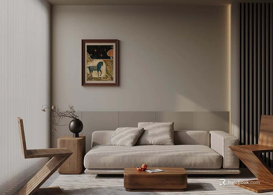 Warm Modern Sofa And Coffee Table Set With Beige Cushions Wooden Table And Wall Artwork 3d model 