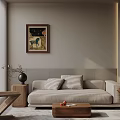 Warm Modern Sofa And Coffee Table Set With Beige Cushions Wooden Table And Wall Artwork
