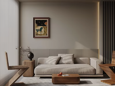 Warm Modern Sofa And Coffee Table Set With Beige Cushions Wooden Table And Wall Artwork 3d model