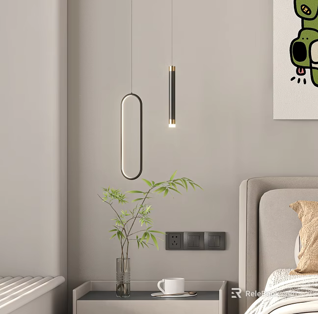 Modern Pendant Lights With Ring And Bar Shapes In Bedroom With Bamboo Plant 3d model 