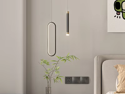 Modern Pendant Lights With Ring And Bar Shapes In Bedroom With Bamboo Plant 3d model