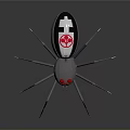 Mechanical Spider With Long Metal Legs Silver Body Red Cross Symbol And Red Eyes