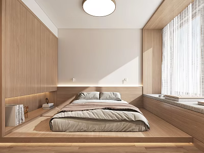 Modern Tatami Bedroom Interior Featuring Wooden Built-in Bed Window Curtains And Wall Lamps 3d model