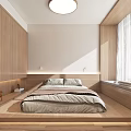 Modern Tatami Bedroom Interior Featuring Wooden Built-in Bed Window Curtains And Wall Lamps