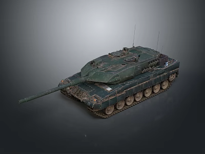 Green Military Tank With Long Barrel Tracks And Antennas On Gray Background 3d model