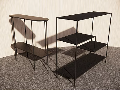 Black Display Shelves With Metal Frame And Wooden Shelves On Gray Carpet Against Light Wall 3d model