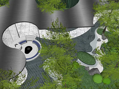Modern Garden Landscape Design With Curved Pathways Lush Greenery And Unique Structures 3d model