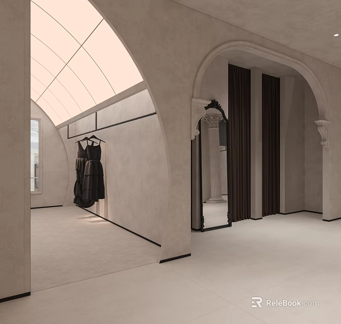 Modern Clothing Store Featuring Arched Design Glass Skylight Black Dress Mirror And Dark Curtains 3d model 