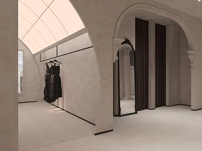 Modern Clothing Store Featuring Arched Design Glass Skylight Black Dress Mirror And Dark Curtains 3d model
