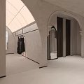 Modern Clothing Store Featuring Arched Design Glass Skylight Black Dress Mirror And Dark Curtains