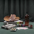 Casino Poker Game With Silver Suitcase Stacked Cash Colorful Chips Cards Whiskey And Cowboy Hat