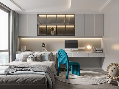 Modern Tatami Bedroom Interior Design With Gray Bed Blue Chair Desk And Large Window 3d model